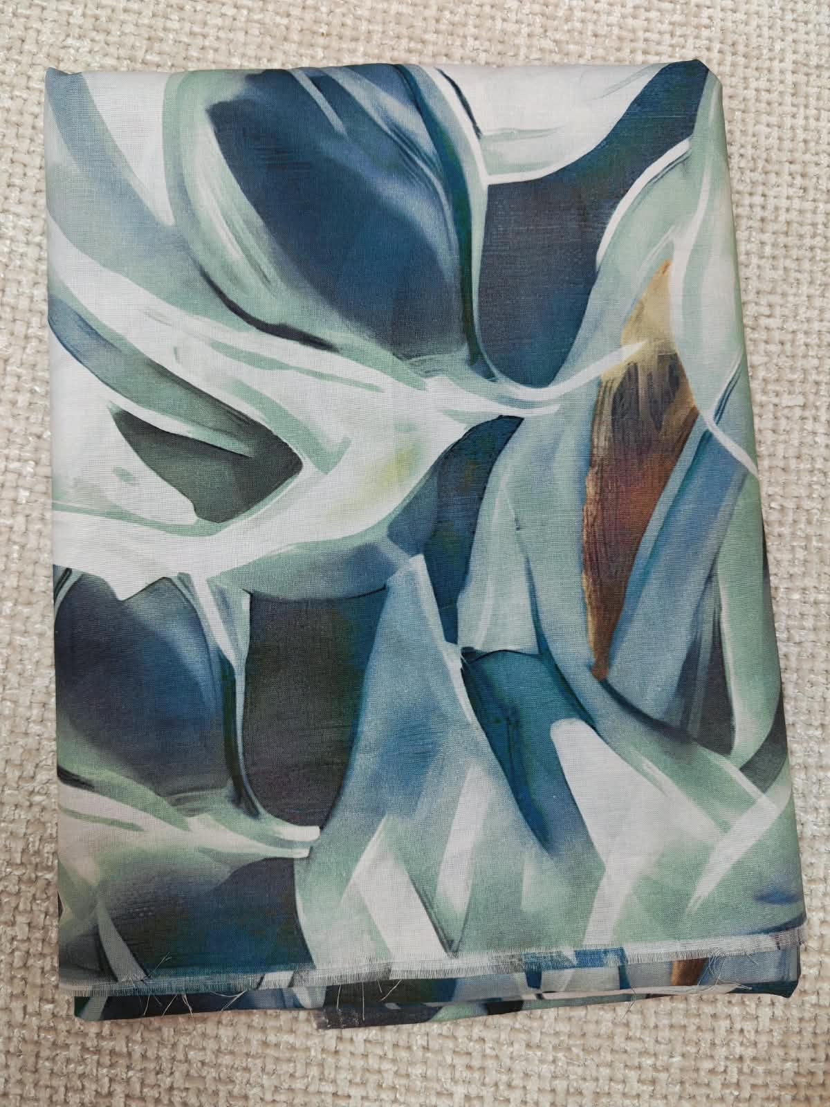 Abstract Teal Leaf Print Cotton Fabric