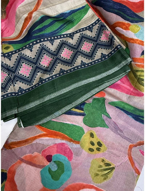 Cotton Jacquard Fabric – Multicolor Abstract with Green Border