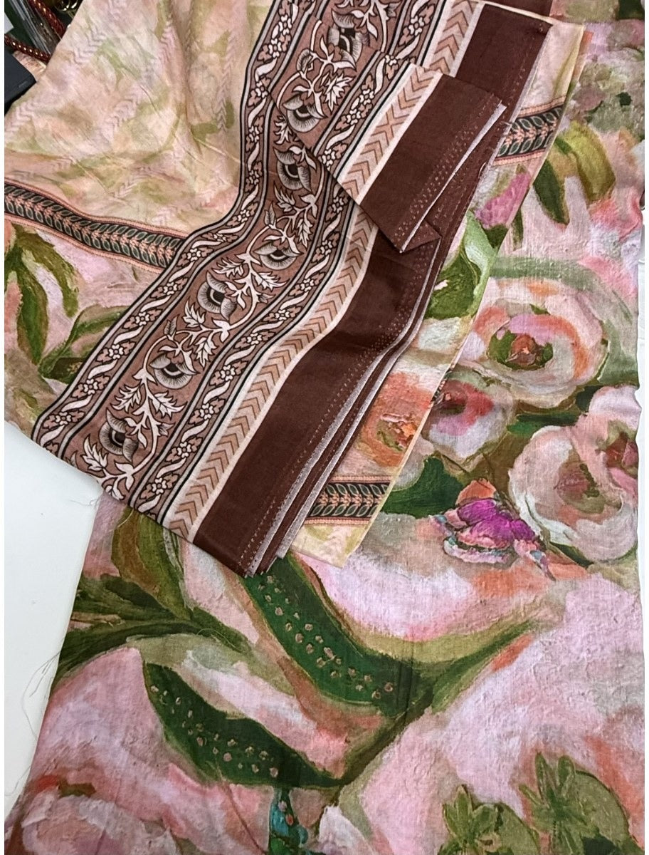 Cotton Jacquard Fabric – Blush Floral with Brown Border