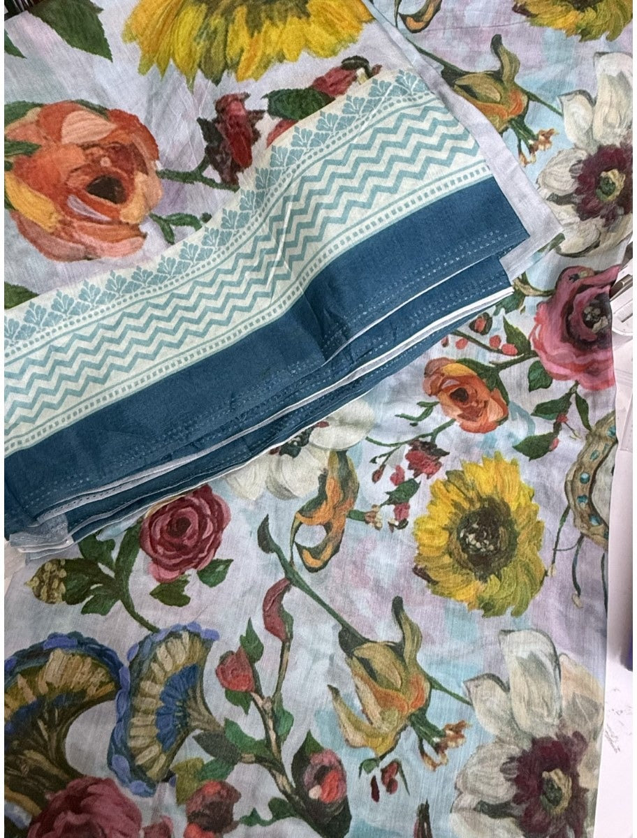 Cotton Jacquard Fabric – Sky Blue Floral with Teal Border