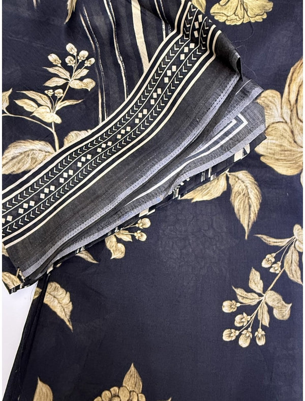 Cotton Jacquard Fabric – Navy Floral with Geometric Border