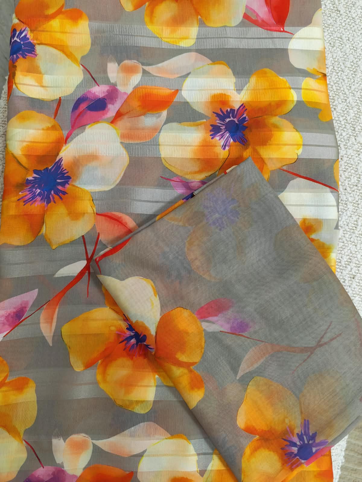 Silk Cotton Fabric – Grey Floral Print