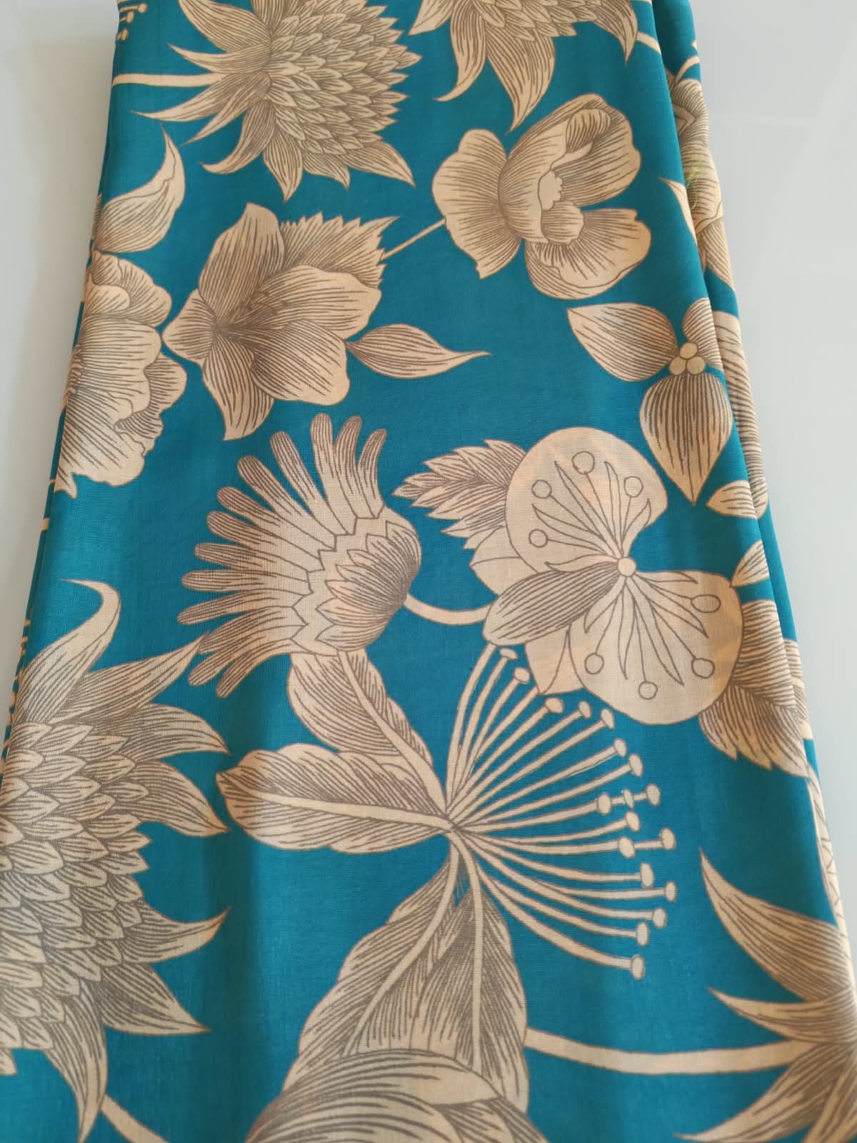 Teal Line Art Floral Fabric