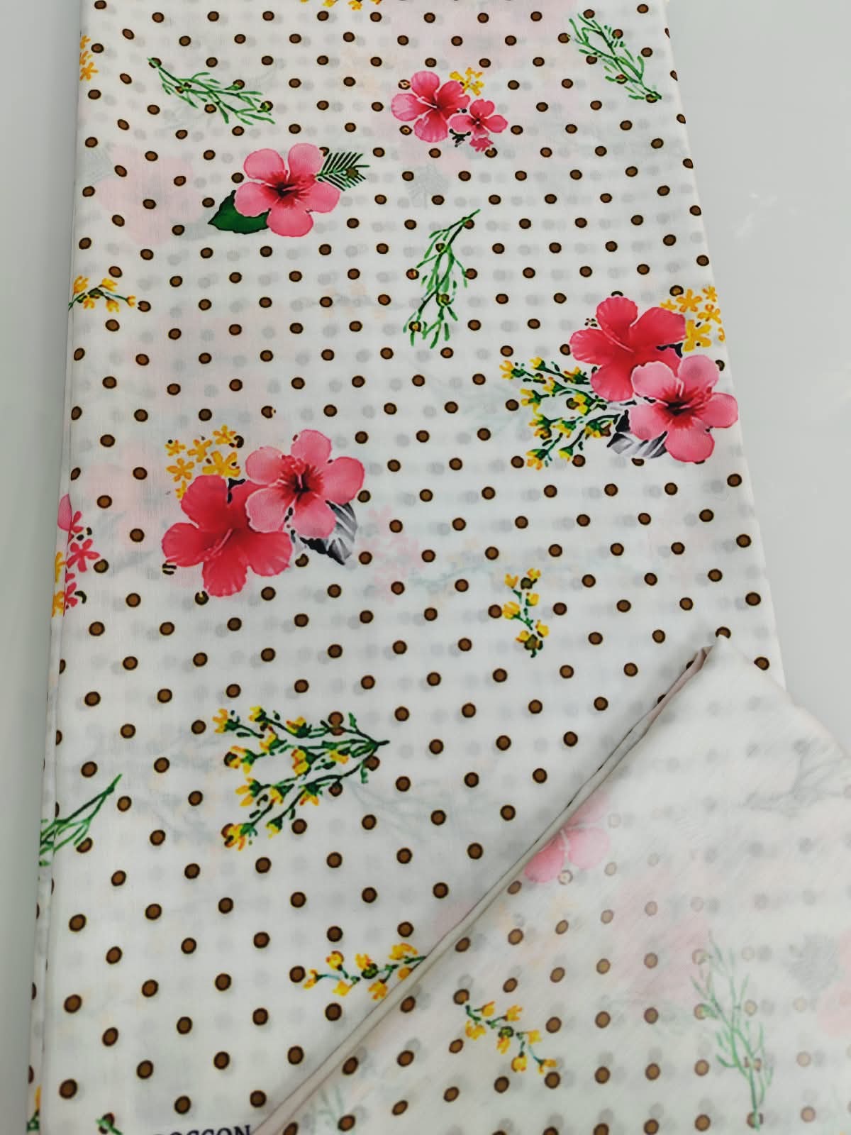 White Hibiscus Polka Dot Cotton Fabric