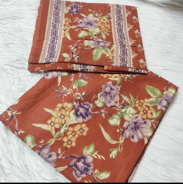Cotton Jacquard Fabric – Rust Floral with Purple Border