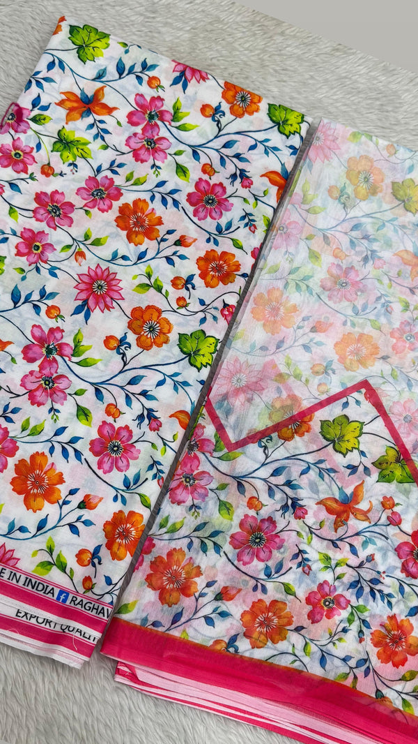 White Pink Orange Floral Print Cotton Fabric