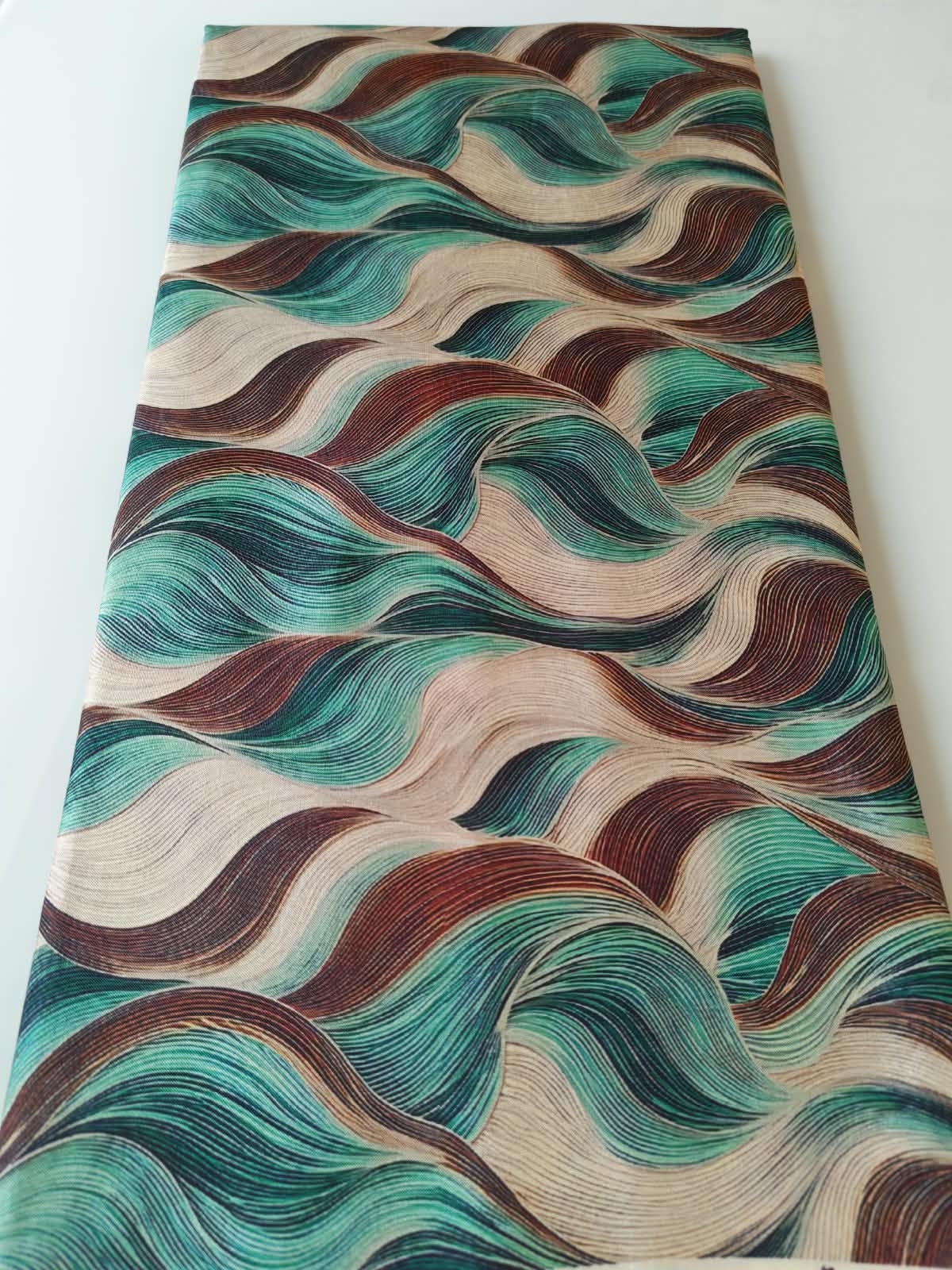 Teal & Brown Wave Print Cotton Fabric