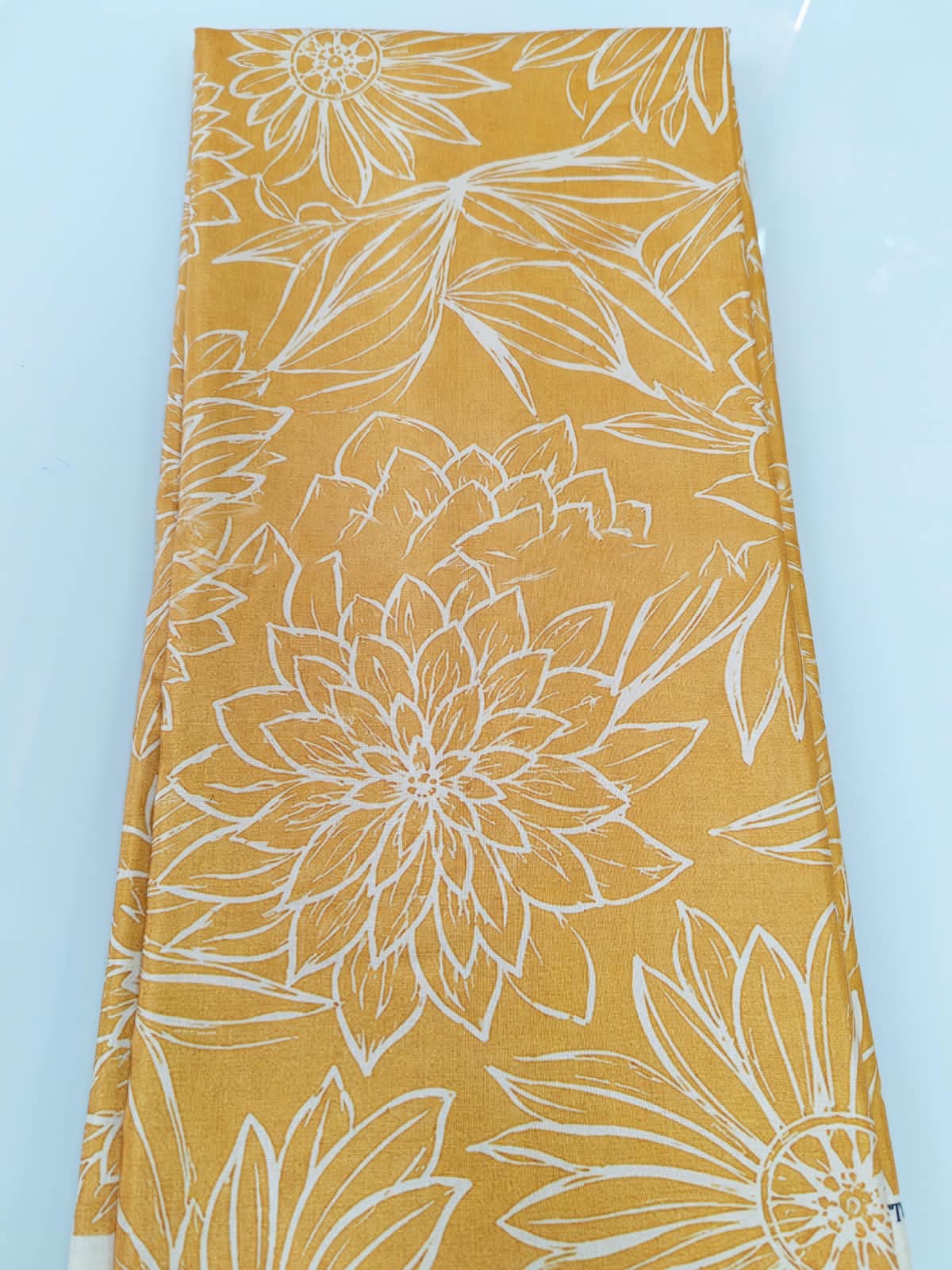 Mustard Yellow Floral Outline Print Cotton Fabric