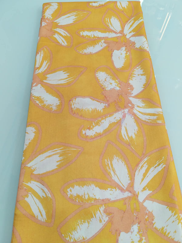 Yellow & Peach Brush Flower Print Cotton Fabric