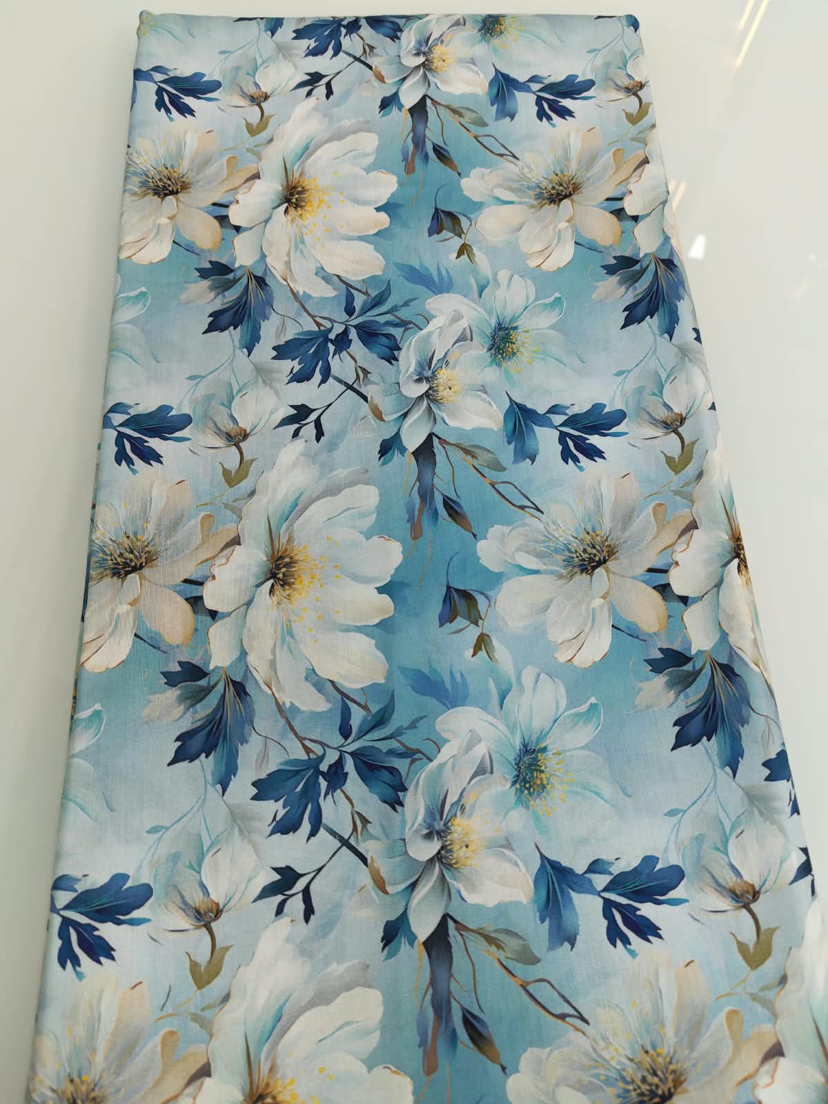 Sky Blue Floral Print Cotton Fabric