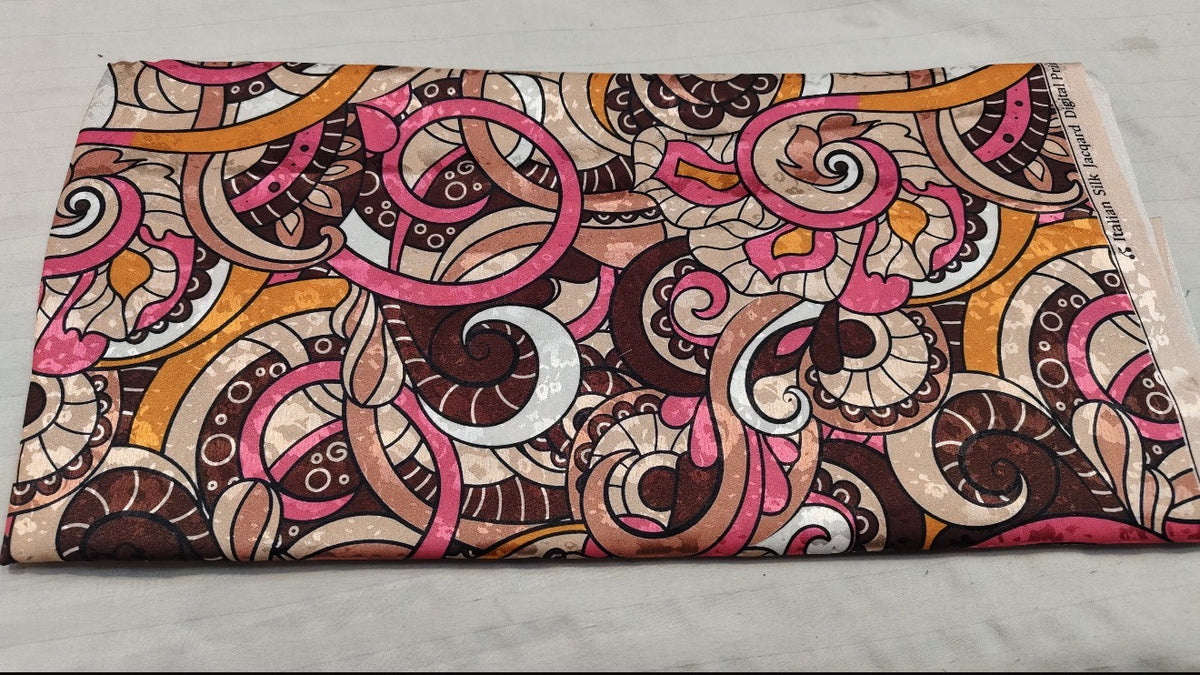 Pink Brown Paisley Swirl Silk Fabric