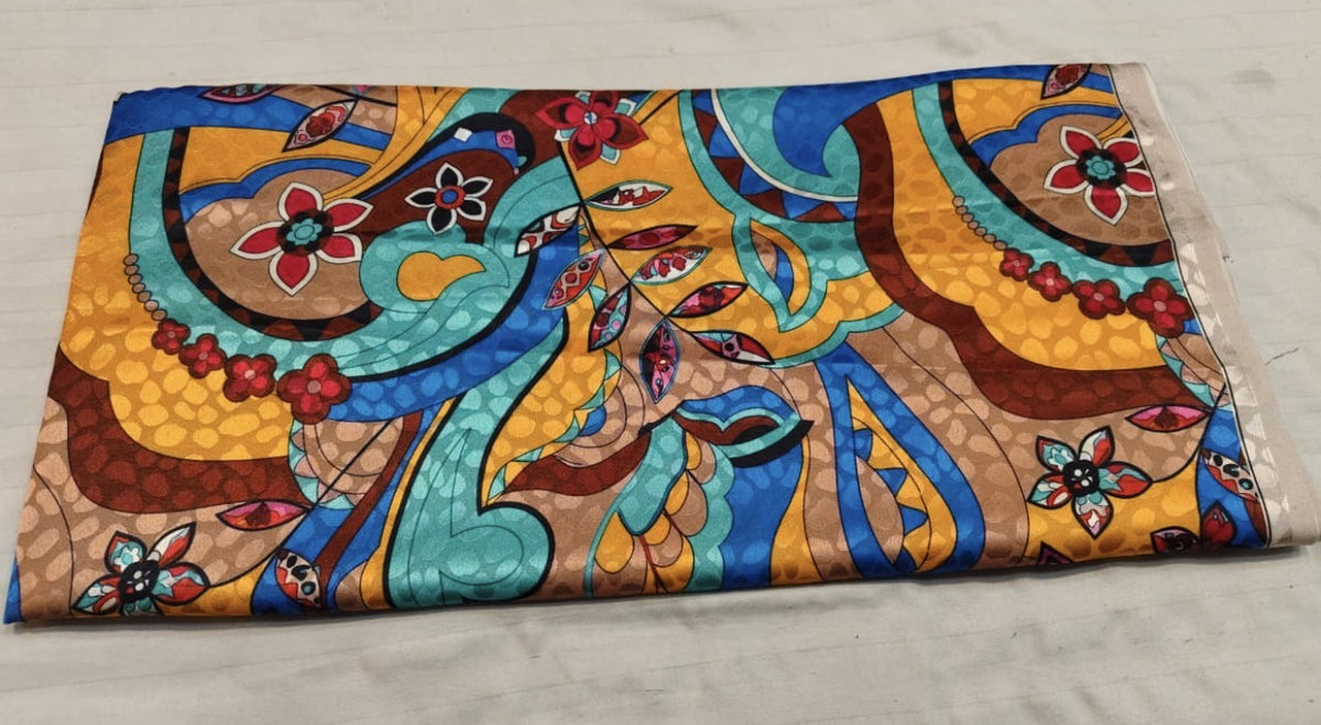 Blue Brown Peacock Print Silk Fabric