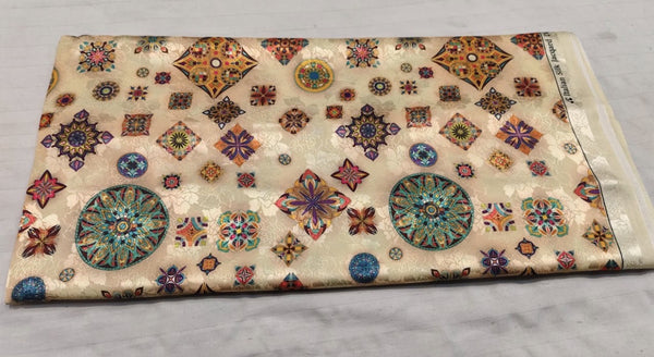 Beige Mandala Medallion Print Silk Fabric
