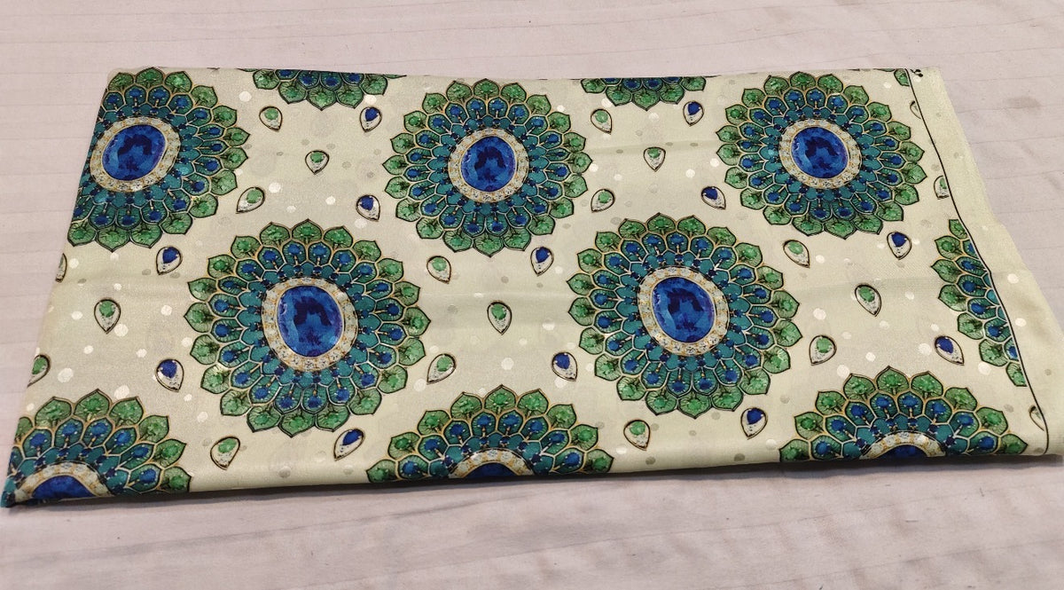 Cream Blue Peacock Medallion Silk Fabric