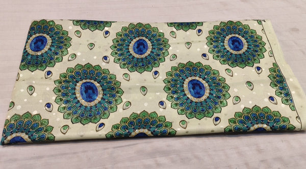 Cream Blue Peacock Medallion Silk Fabric
