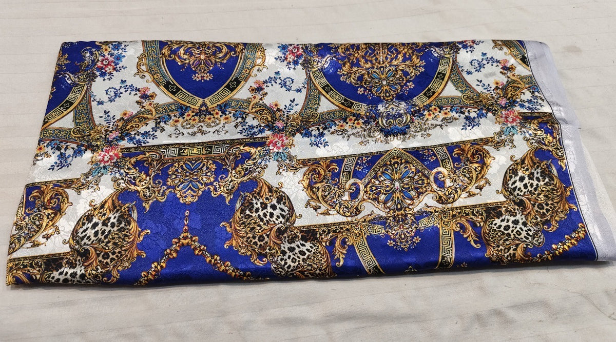 Blue Gold Baroque Leopard Silk Fabric