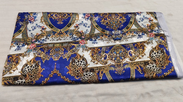 Blue Gold Baroque Leopard Silk Fabric