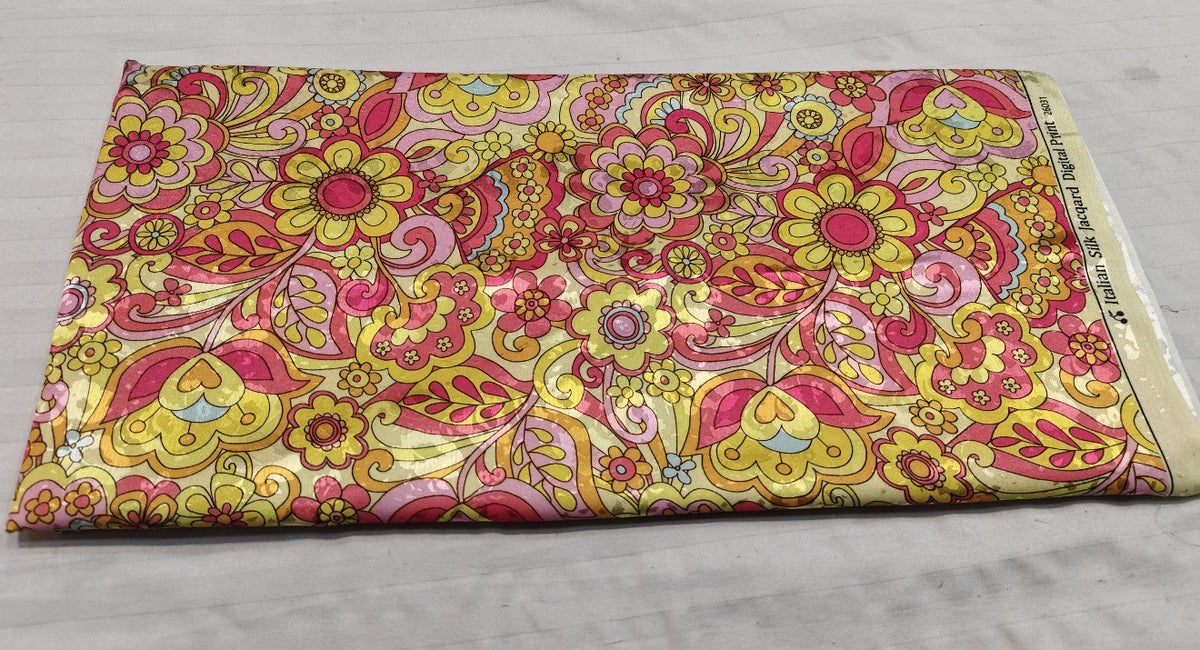 Pink Yellow Paisley Floral Silk Fabric