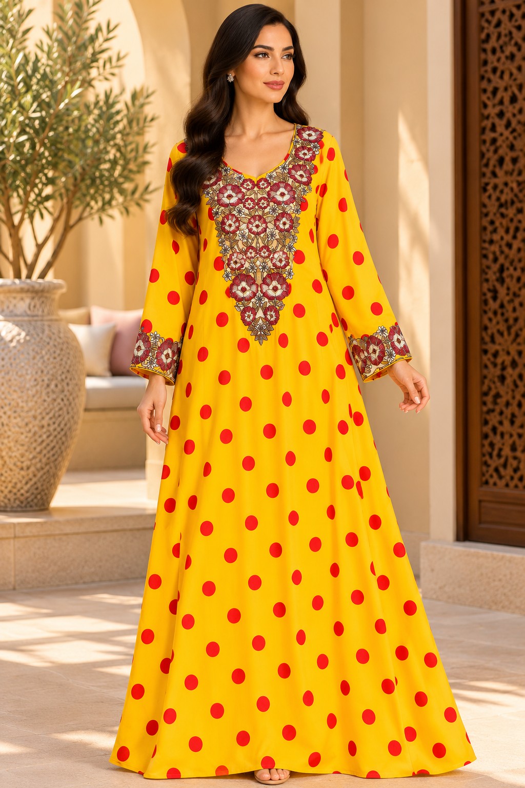 Cotton Jalabiya – Yellow Red Polka Dot Floral Embroidery