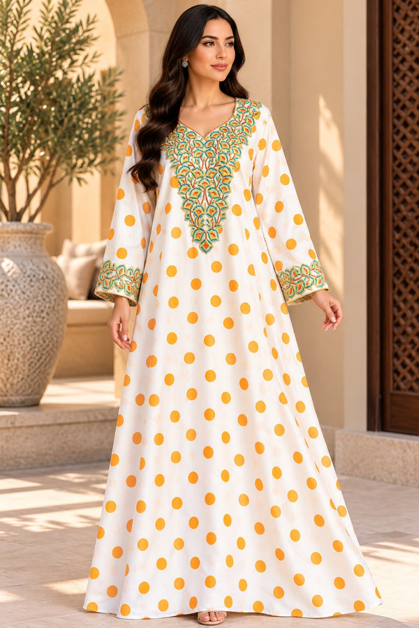 Cotton Jalabiya – White Orange Polka Dot Teal Embroidery