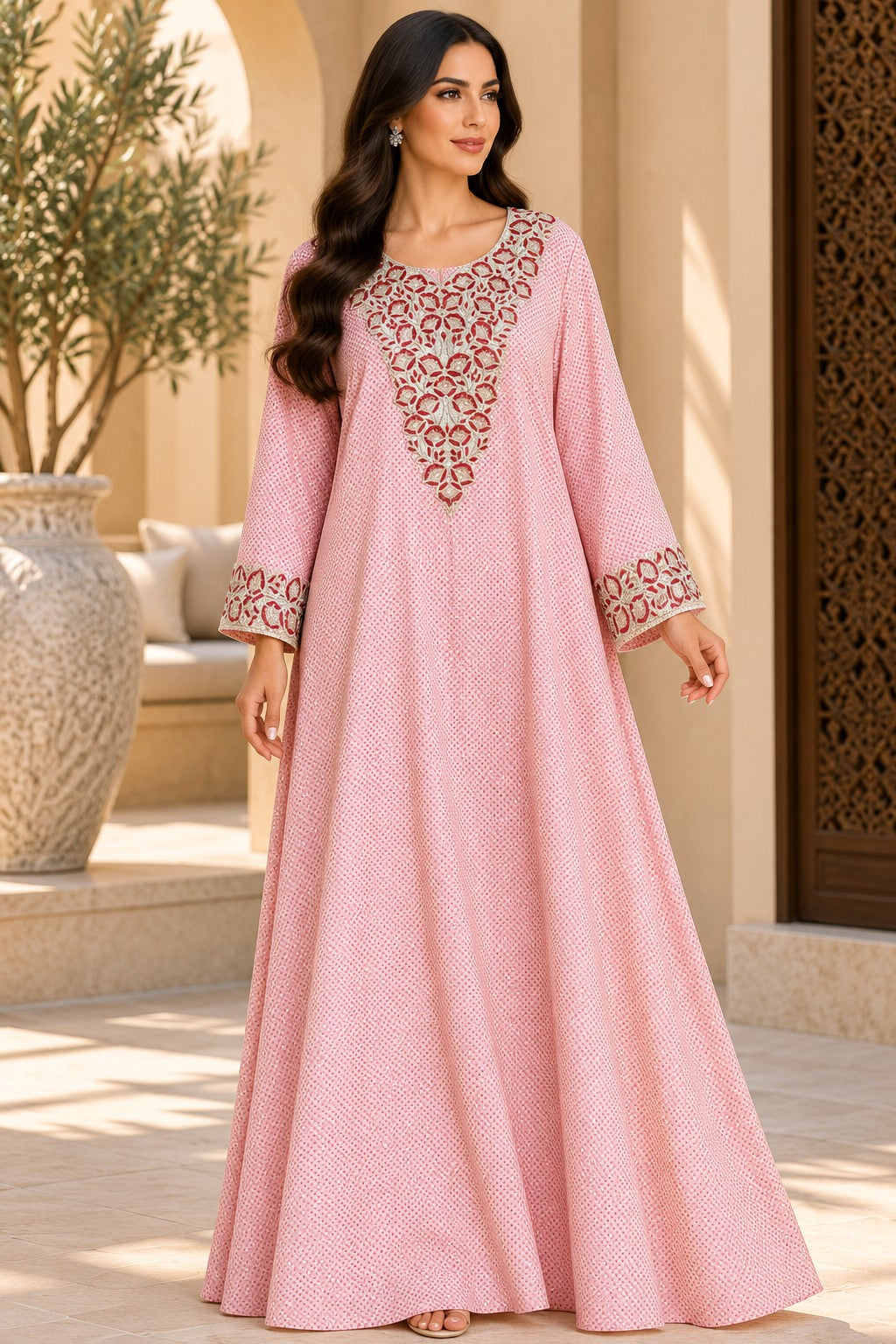Cotton Jalabiya – Pink Textured Red Floral Embroidery