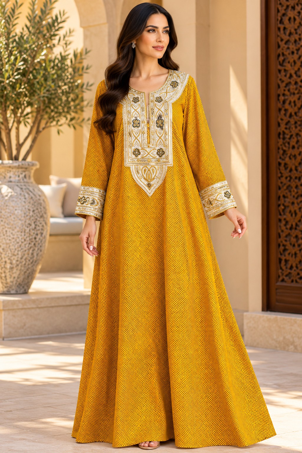 Cotton Jalabiya – Mustard Micro Dot Gold Embroidery