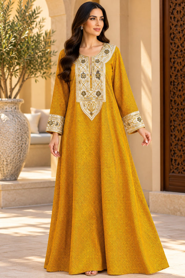 Cotton Jalabiya – Mustard Micro Dot Gold Embroidery