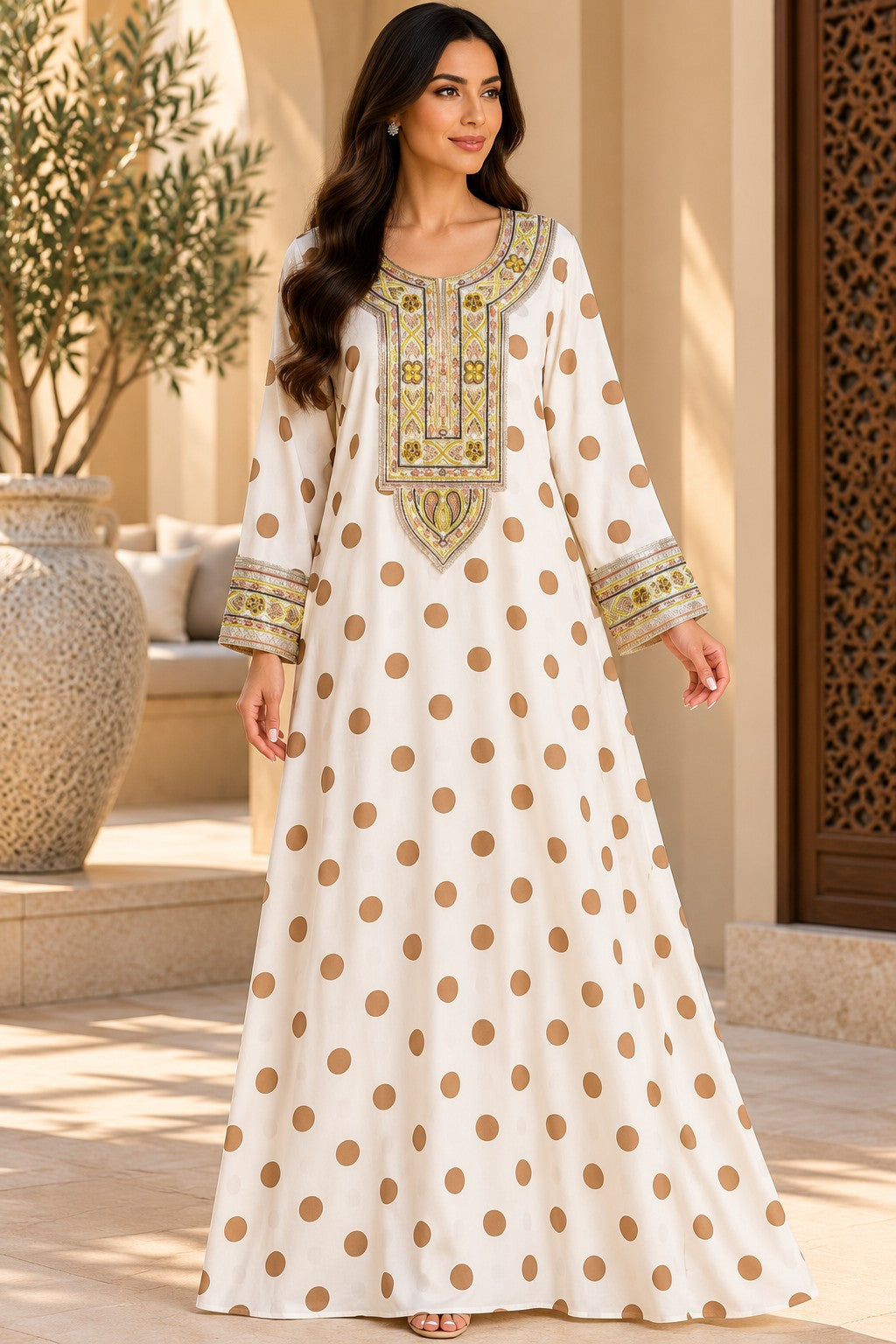 Cotton Jalabiya – Cream Tan Polka Dot Yellow Embroidery