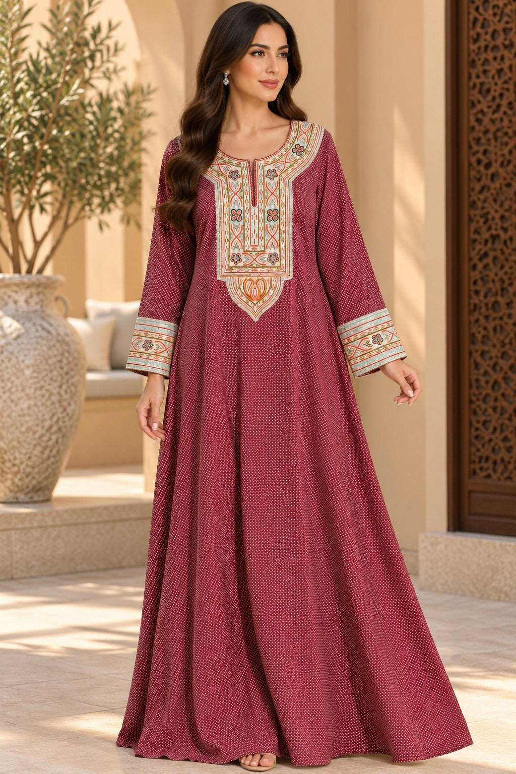 Cotton Jalabiya – Burgundy Micro Dot Multicolor Embroidery