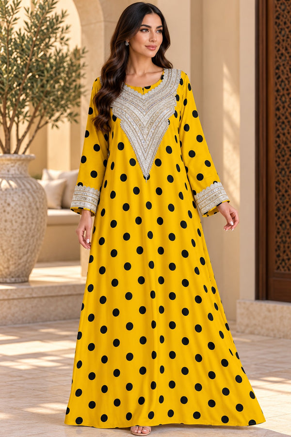 Cotton Jalabiya – Yellow Black Polka Dot Silver Embroidery
