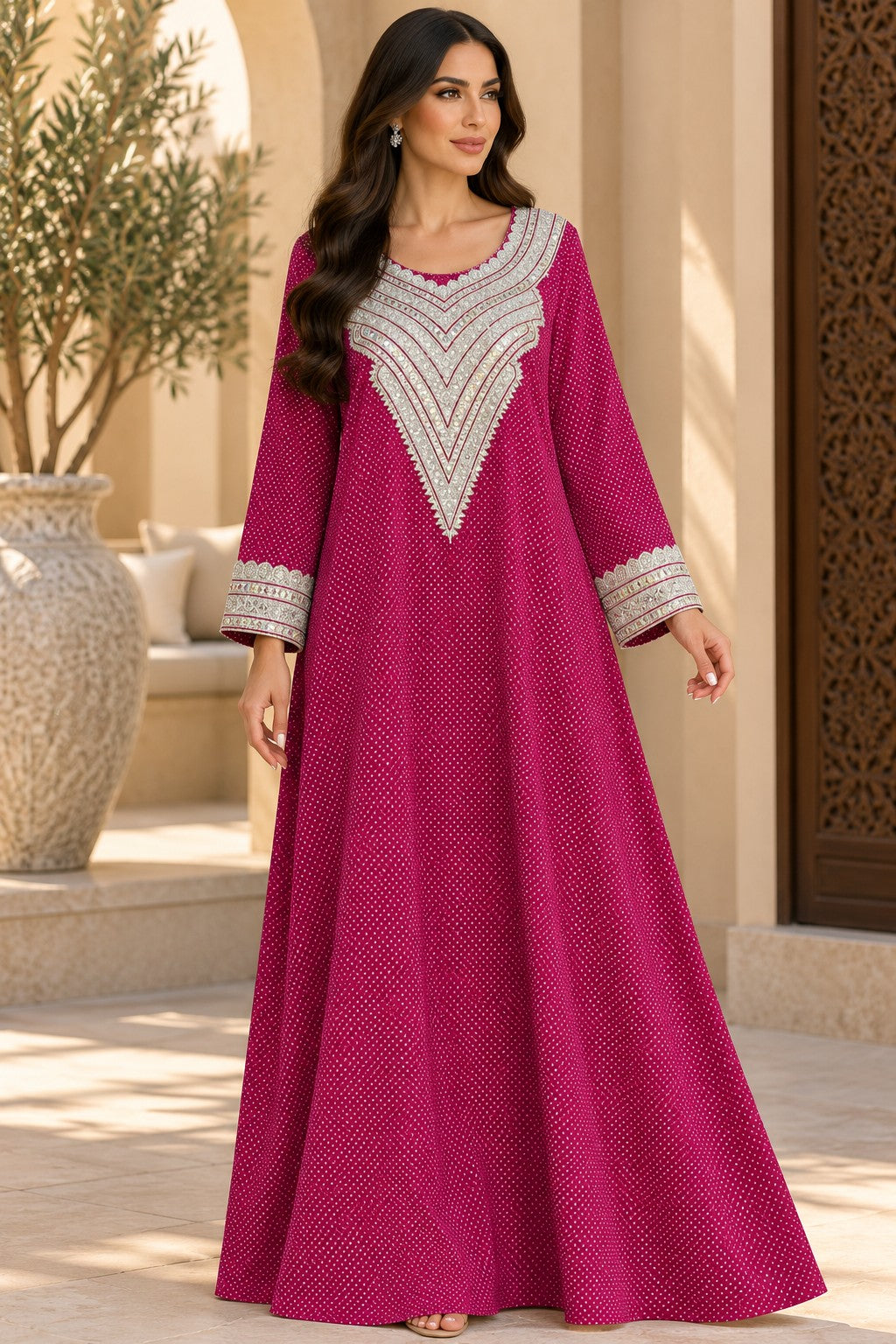 Cotton Jalabiya – Fuchsia Micro Dot Silver Embroidery