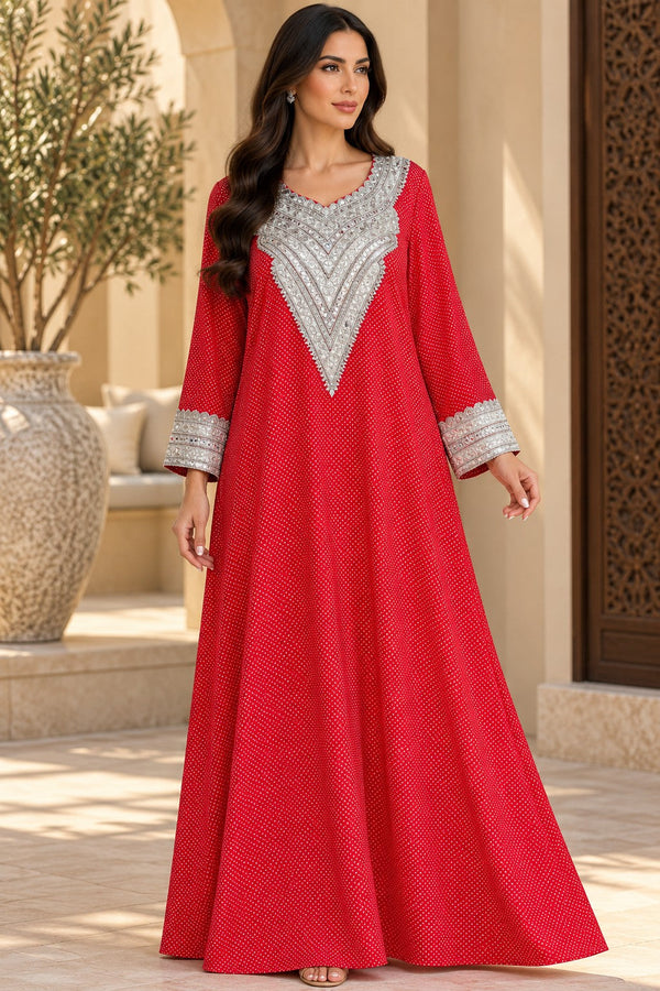Cotton Jalabiya – Red Micro Dot Silver Embroidery