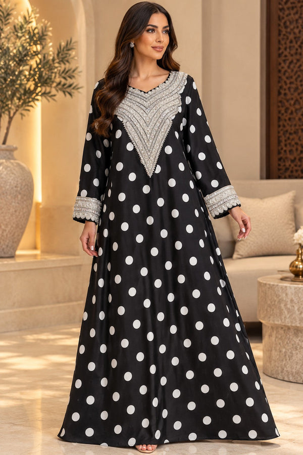 Cotton Jalabiya – Black White Polka Dot Silver Embroidery