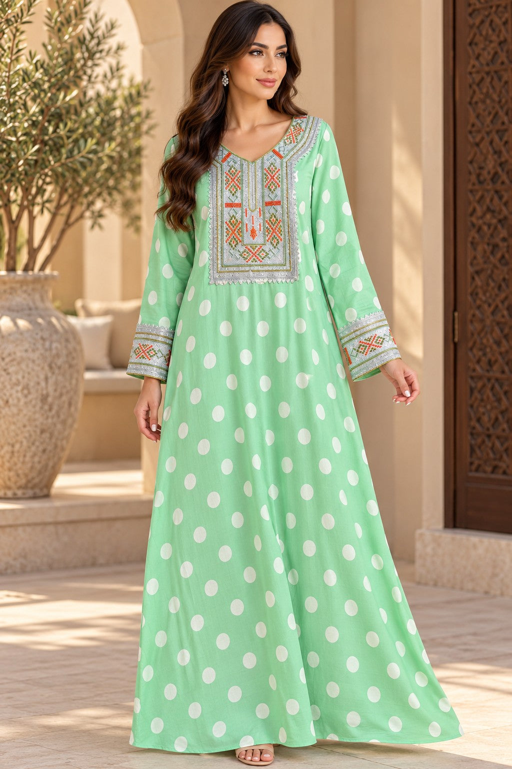Cotton Jalabiya – Mint Green White Polka Dot Embroidery