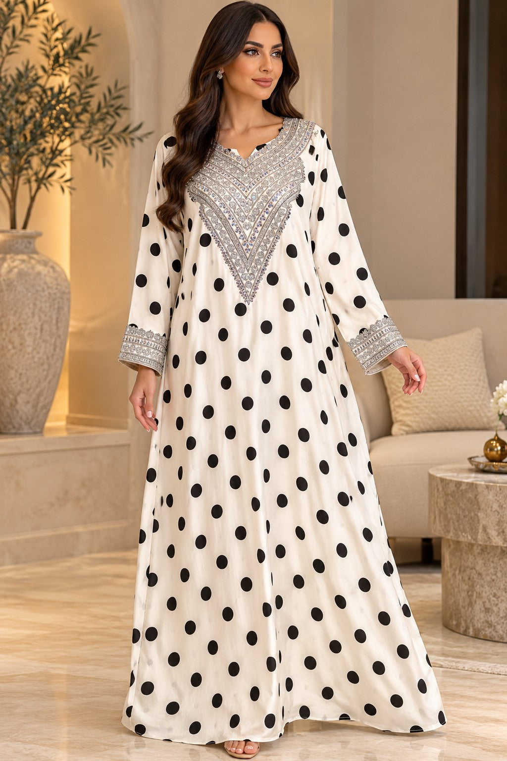 Cotton Jalabiya – Ivory Black Polka Dot Silver Embroidery