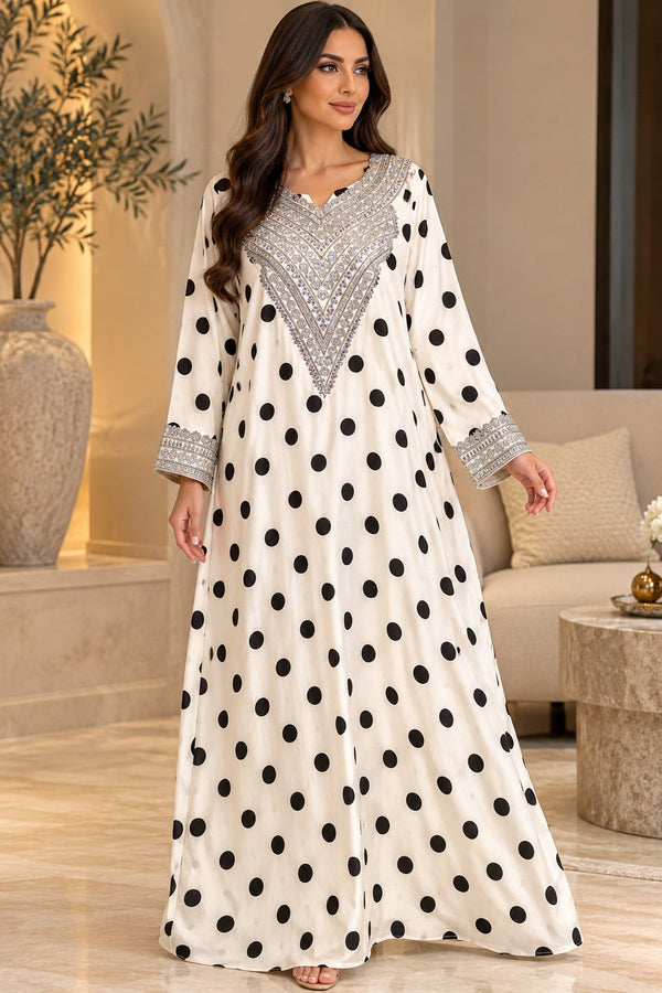 Cotton Jalabiya – Ivory Black Polka Dot Silver Embroidery