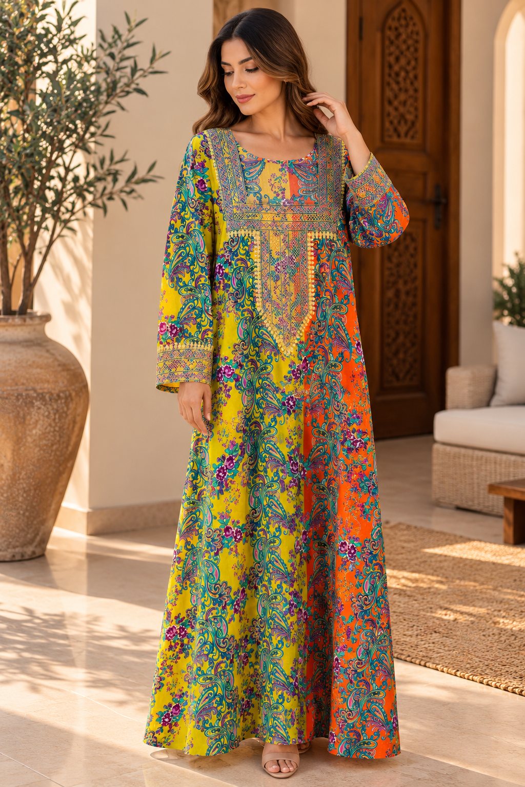 Cotton Jalabiya – Yellow Orange Paisley Floral Embroidered Yoke