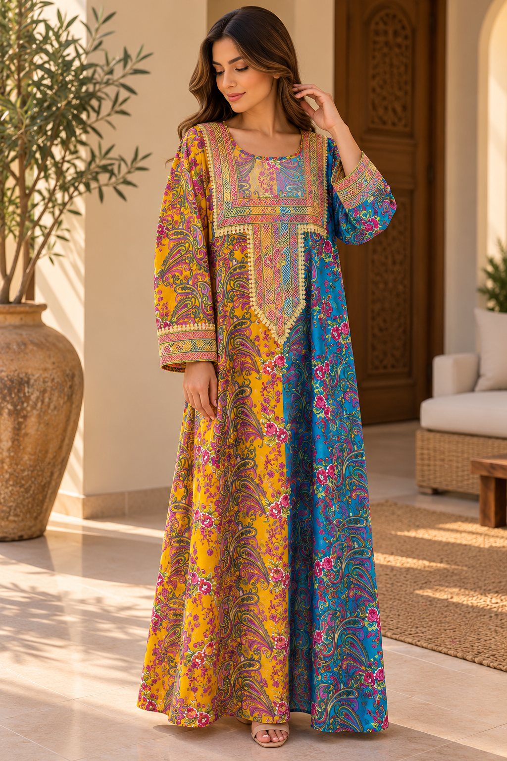 Cotton Jalabiya – Mustard Blue Paisley Floral Embroidered Yoke