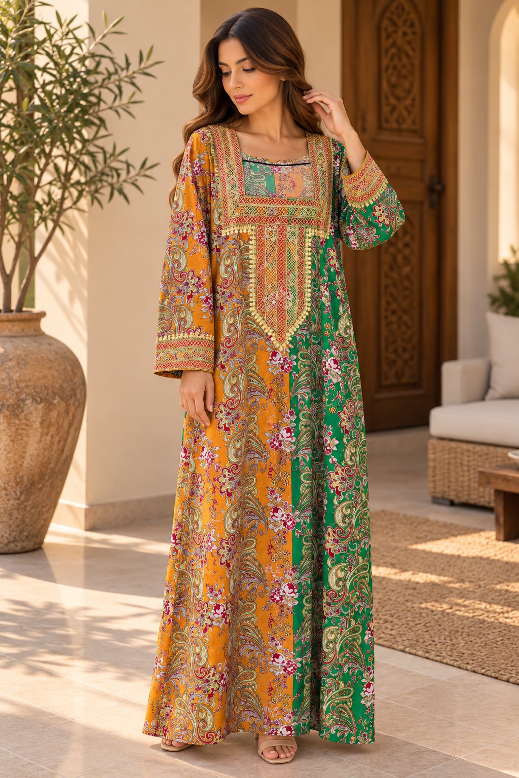 Cotton Jalabiya – Orange Green Paisley Floral Embroidered Yoke