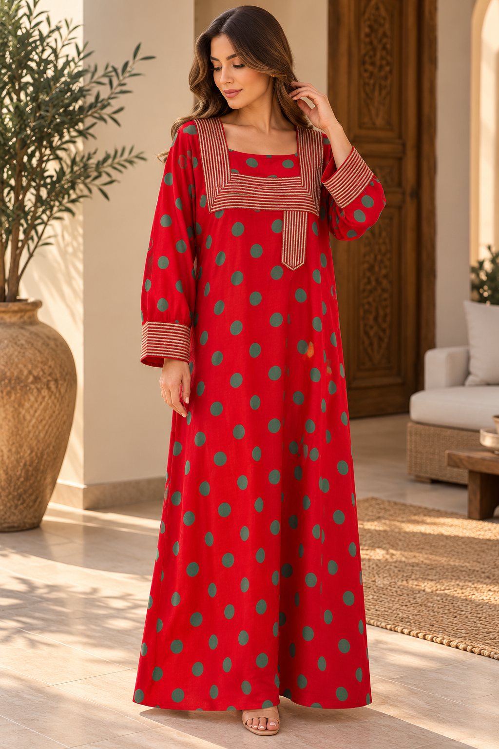 Cotton Jalabiya – Red Green Polka Dot Gold Stripe Embroidery