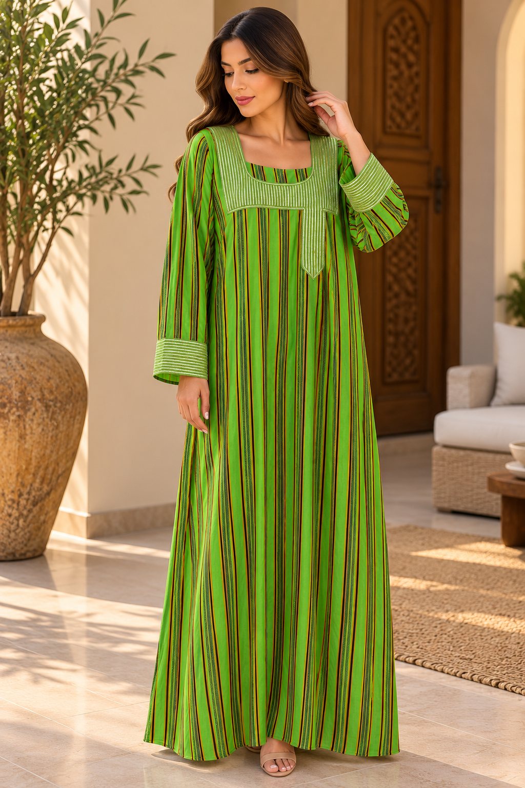 Cotton Jalabiya – Green Striped Gold Embroidery