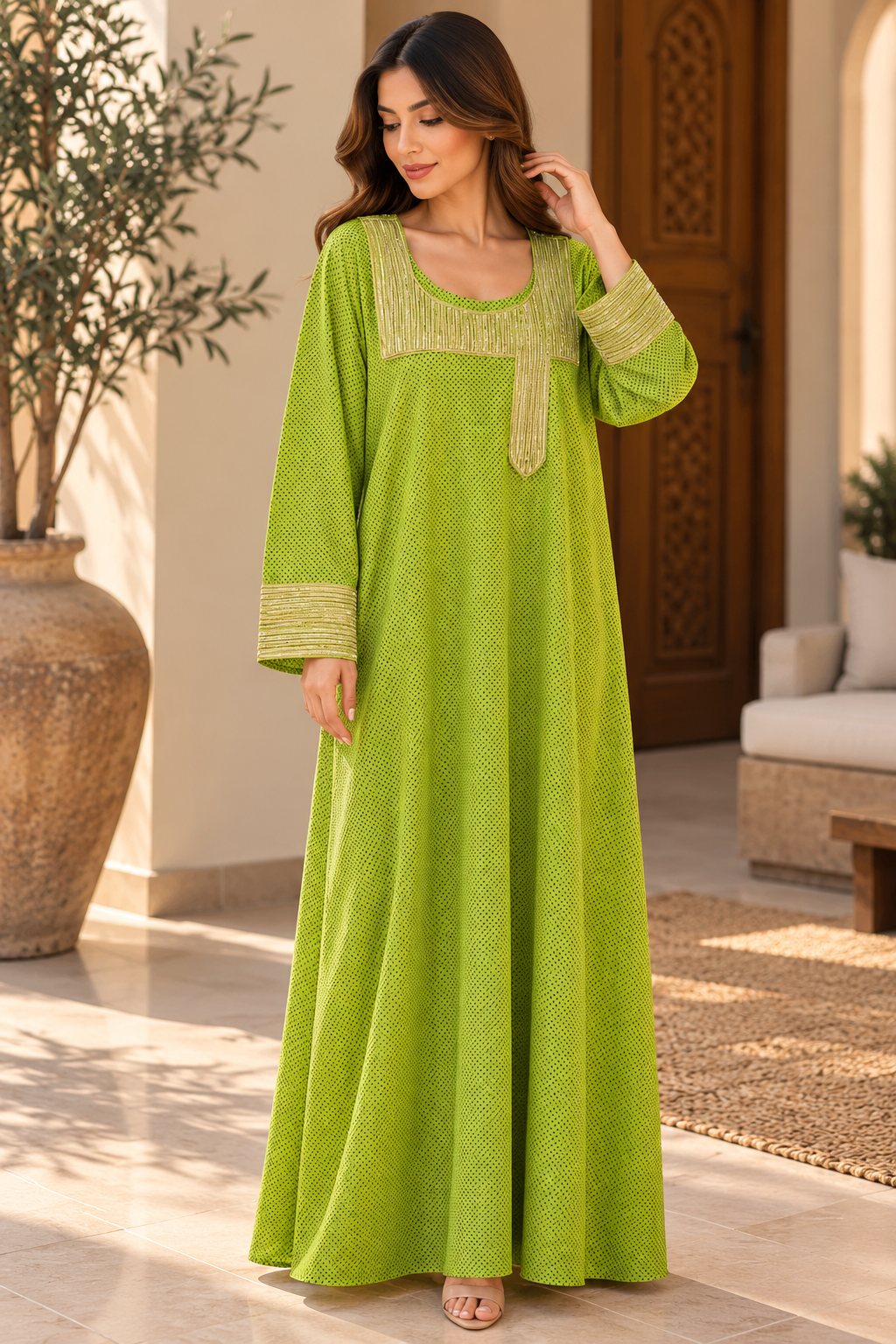 Cotton Jalabiya – Lime Green Micro Dot Gold Embroidery