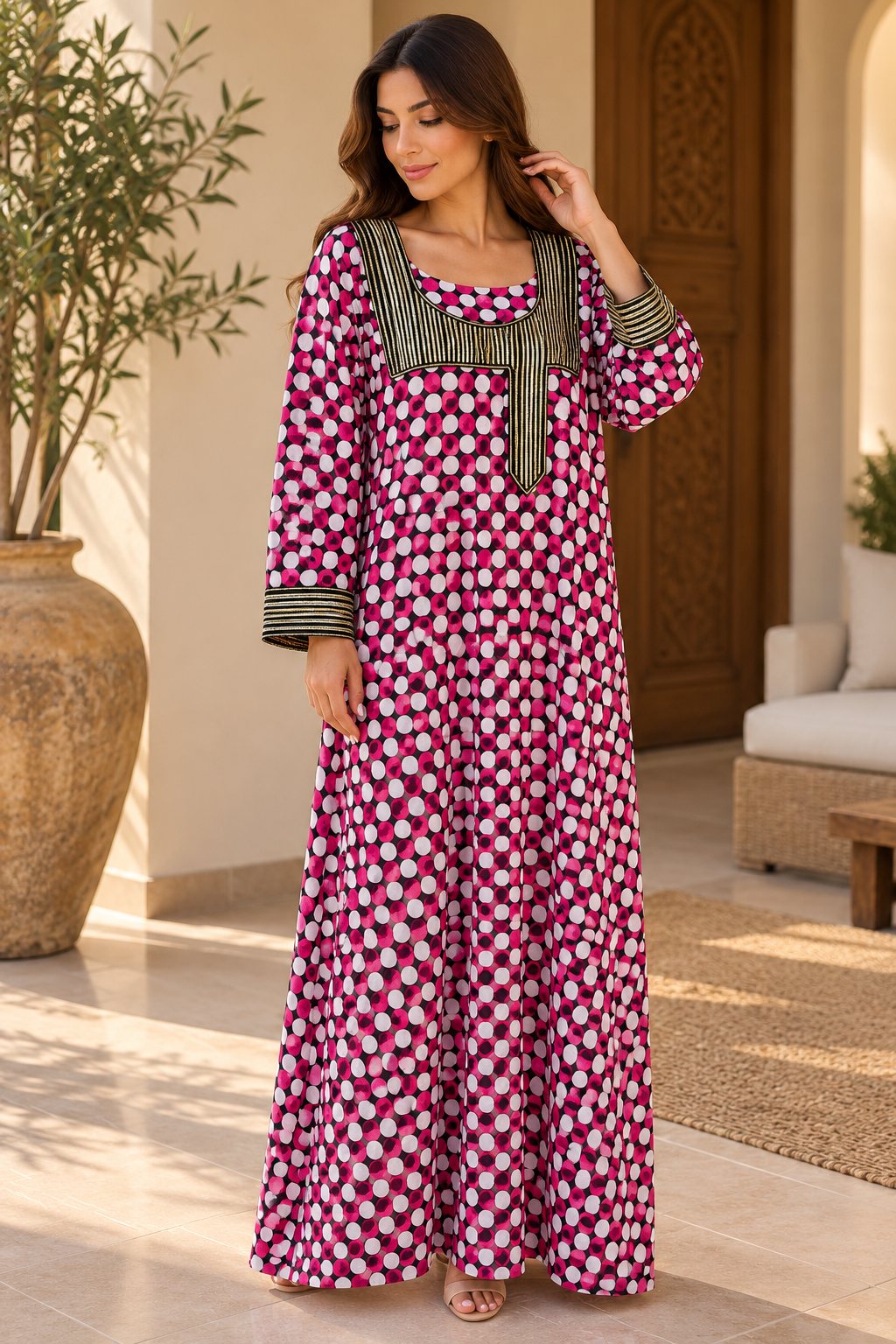 Cotton Jalabiya – Fuchsia White Dot Gold Embroidery