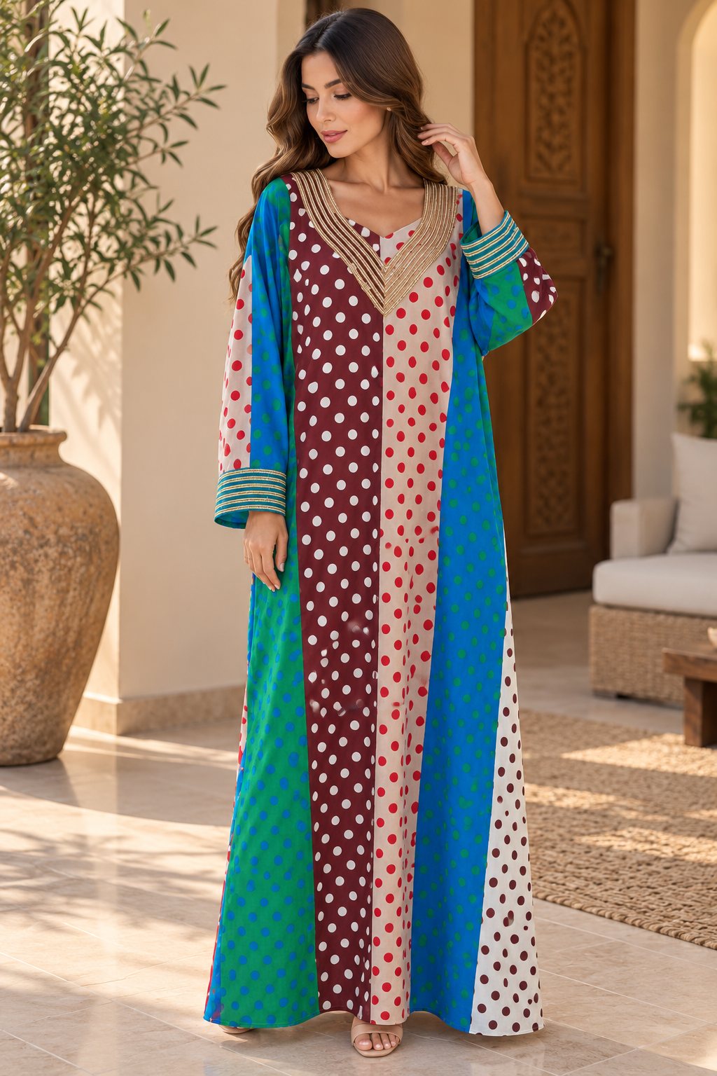 Cotton Jalabiya – Multicolor Polka Dot Panels Gold V-Neck