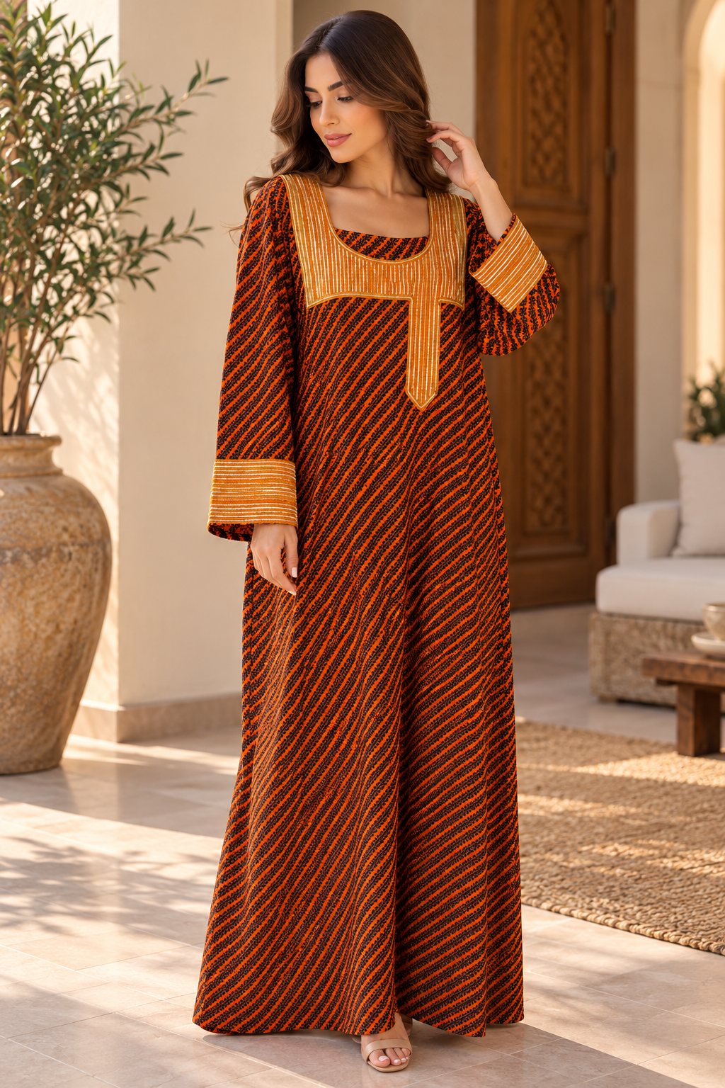 Cotton Jalabiya – Orange Black Diagonal Stripe Gold Embroidery