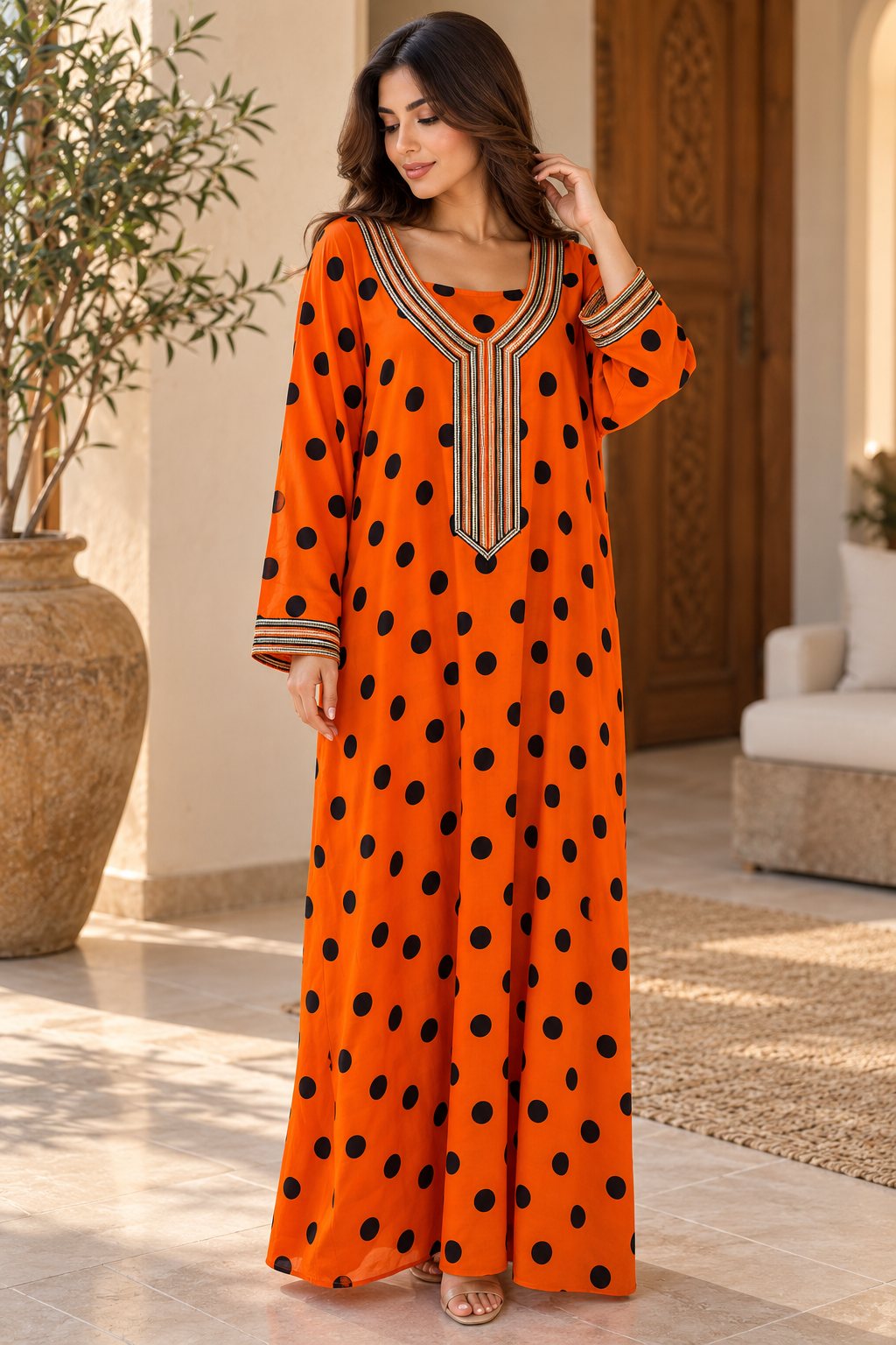 Cotton Jalabiya – Orange Black Polka Dot Embroidered V-Neck